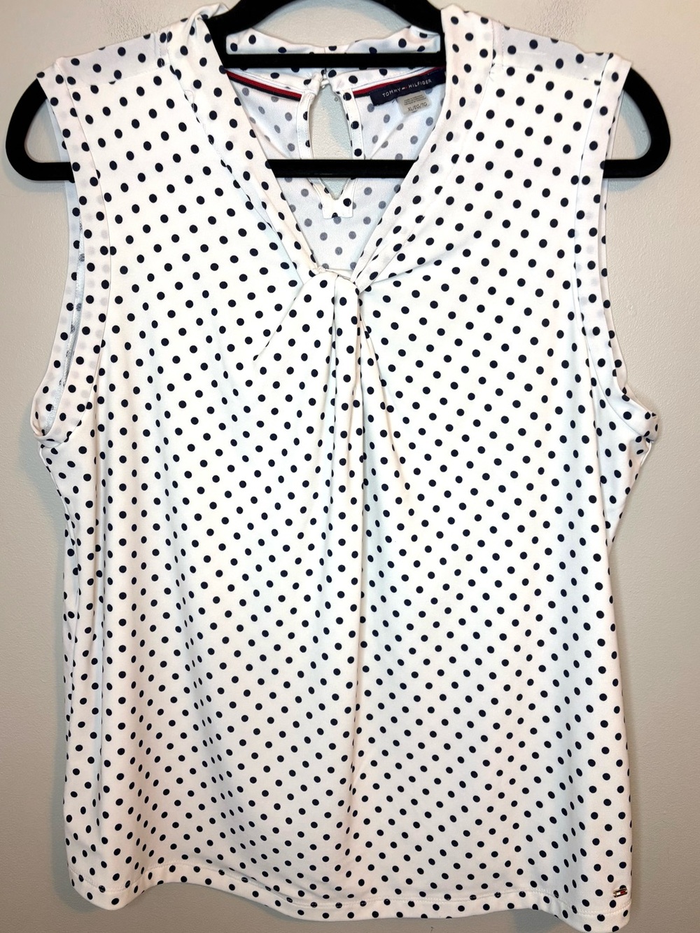 Tommy Hilfiger XL White Navy Polka Dot Tie Front Sleeveless Blouse